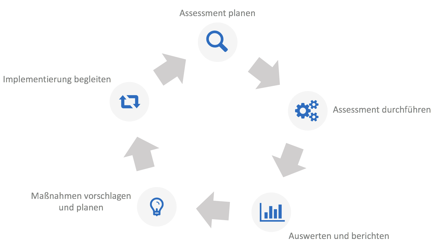 Kreislauf des Modells (Assessment planen, Assessment durchführen, Auswerten und berichten, Maßnahmen vorschlagen und planen, Implementierung begleiten)